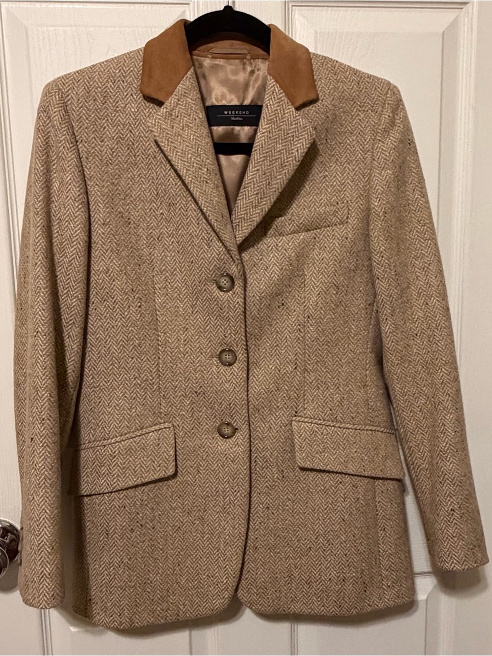 WEEKEND MAX MARA Herringbone Virgin Wool Blazer Jacket Size 4 tan cream